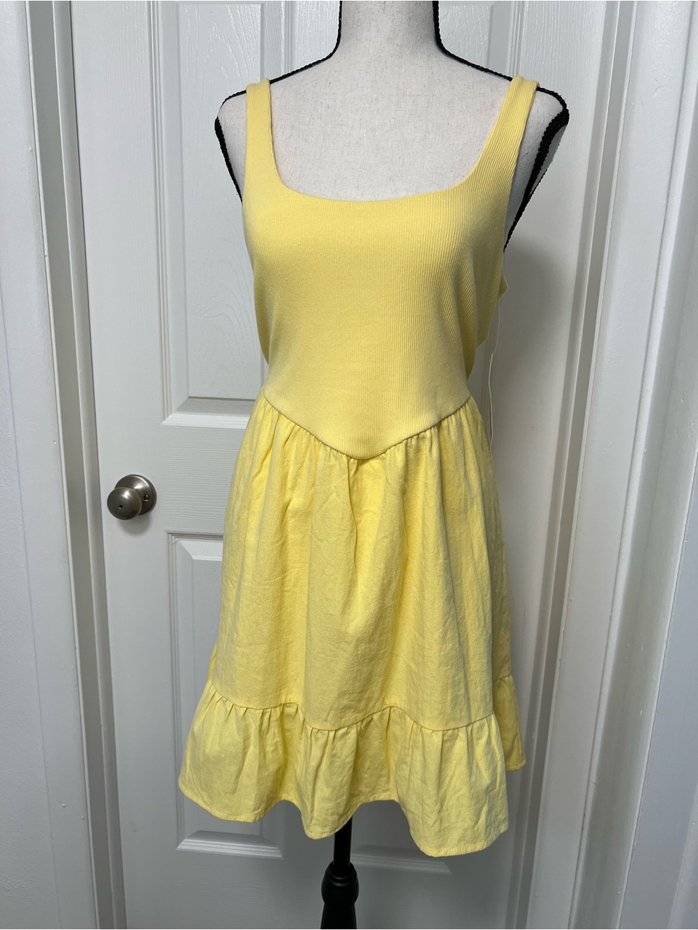 No Boundaries Yellow Square Neck Ruffle-Hem Midi Dress